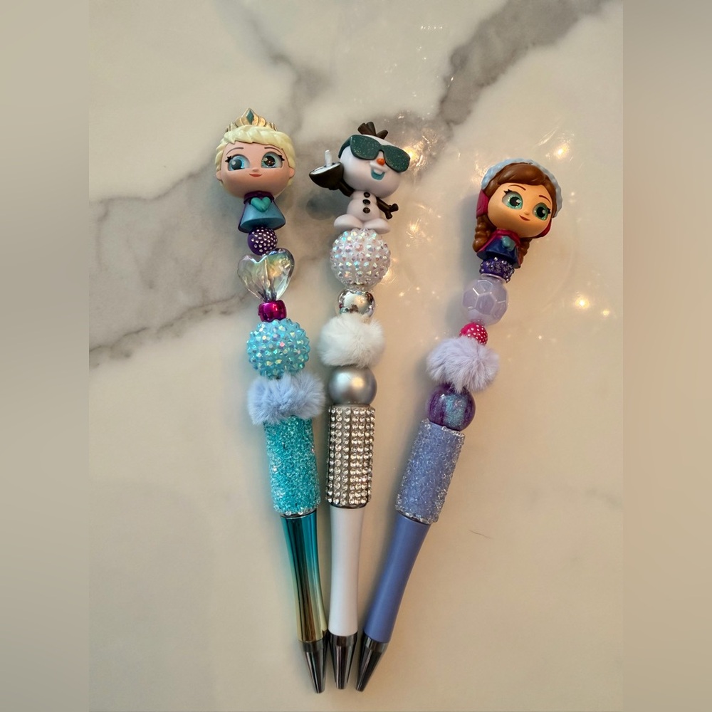 NWT Disney Frozen Decorative Blue Purple Glitter Character Pens (Elsa Olaf Anna)